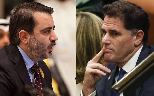 El ministro de Asuntos Exteriores de Siria, Asaad Hassan al-Shibani, y el ministro de Asuntos Estratégicos de Israel, Ron Dermer.